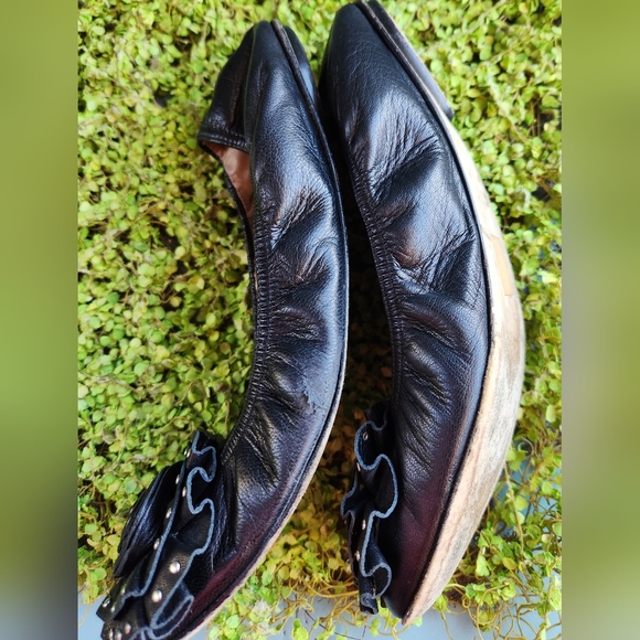 VALENTINO Black Luxe Leather Ornate Silver Studs Rosette Toes Ballet Flats Shoes - Picture 13 of 15